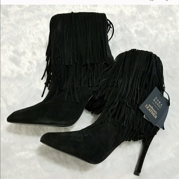 Zara Fringed Leather Suede Heels Ankle /Booties - Picture 2 of 8
